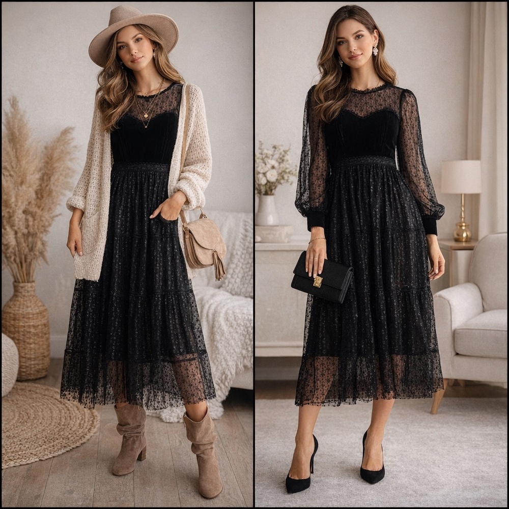 Kaimilan Black Lace with Velvet Top Vintage/Victorian Midi Dress 03-0081